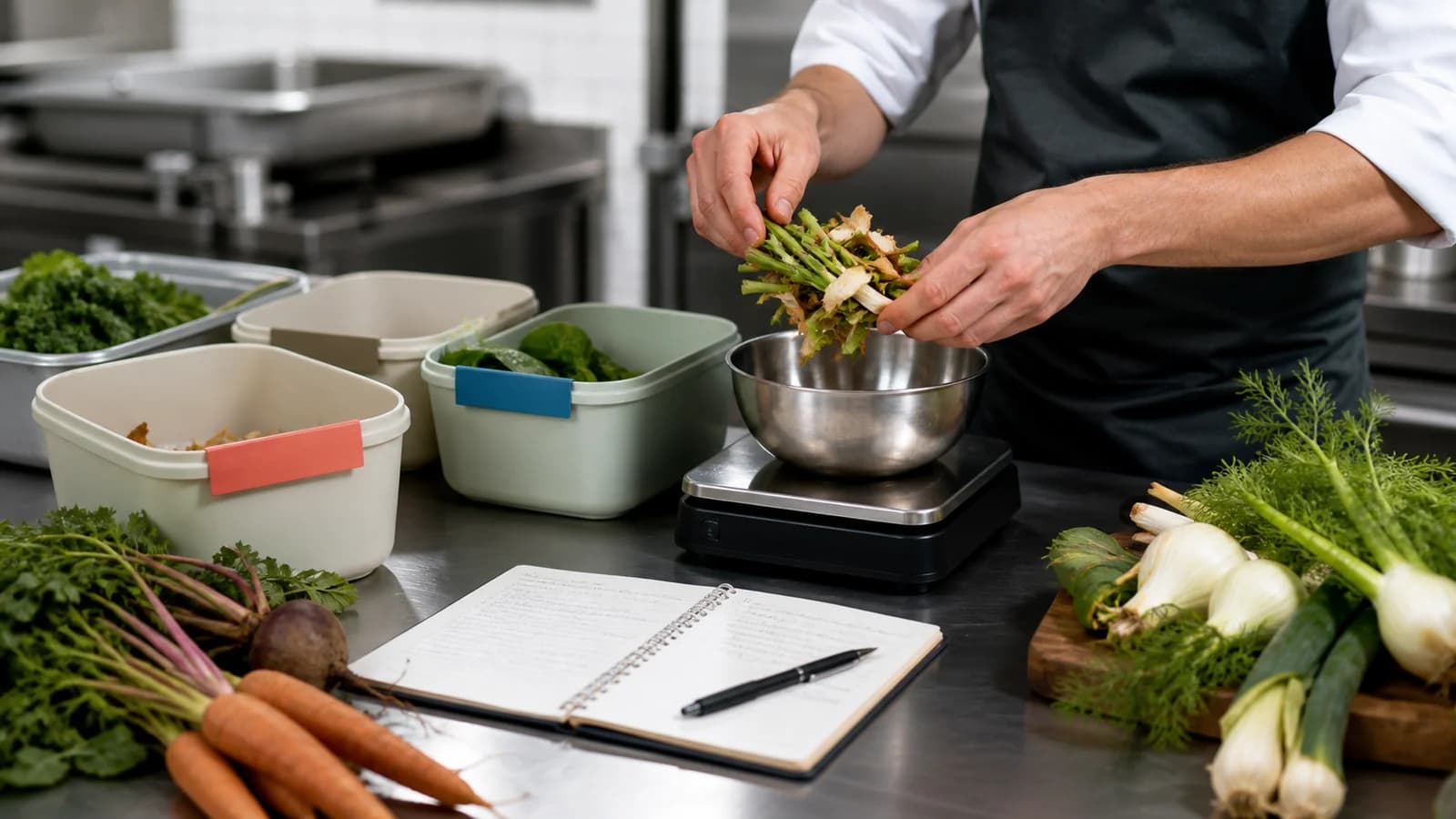 Cocinero pesando recortes vegetales para medir y reducir la merma de un restaurante