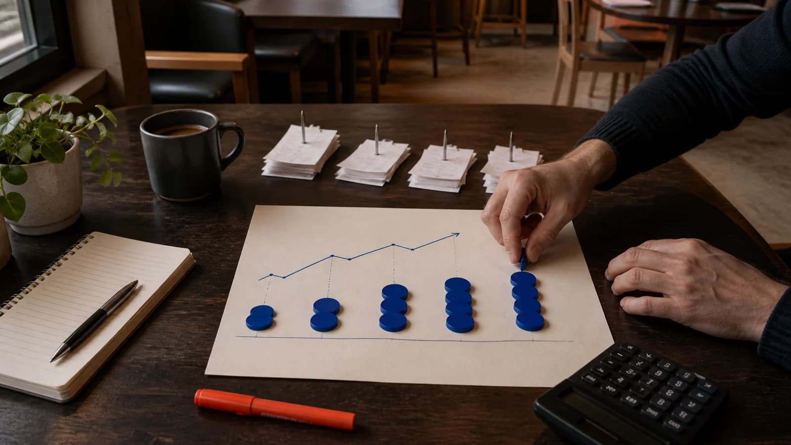 Indicadores físicos de ventas, costos y operación conectados sobre una mesa de restaurante