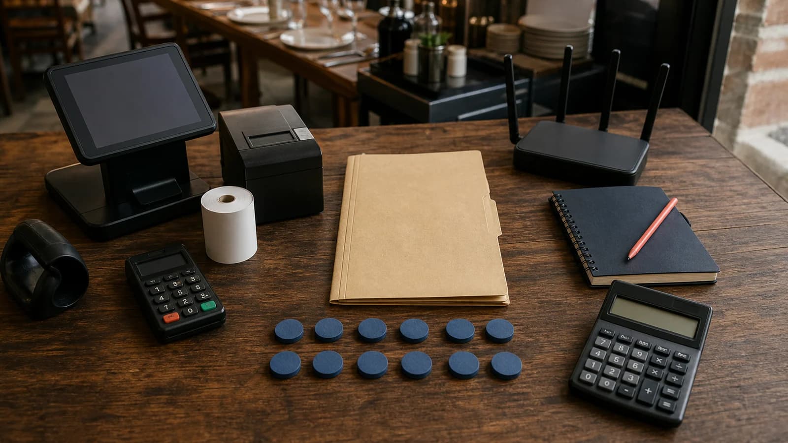 Hardware y elementos operativos organizados para calcular el costo total de un software de restaurante