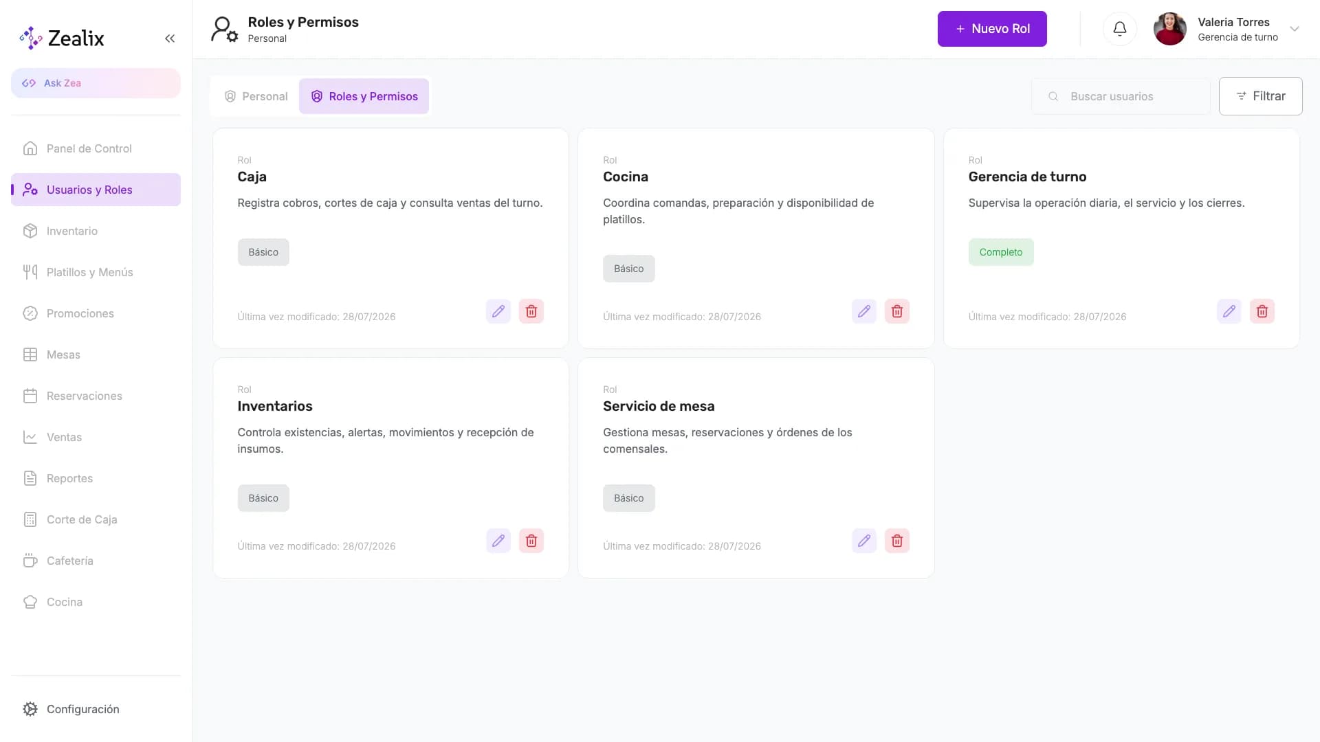 Roles y permisos configurados en el restaurante de demostración de Zealix